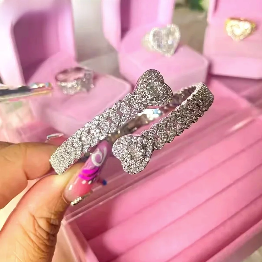 Iced Out Cuff Bangle Paved Setting Bling Cz Cubic Zirconia Wrist Cuban Chain Link Bransoletki Moda Hip Hop Biżuteria dla kobiet — zdjęcie 2