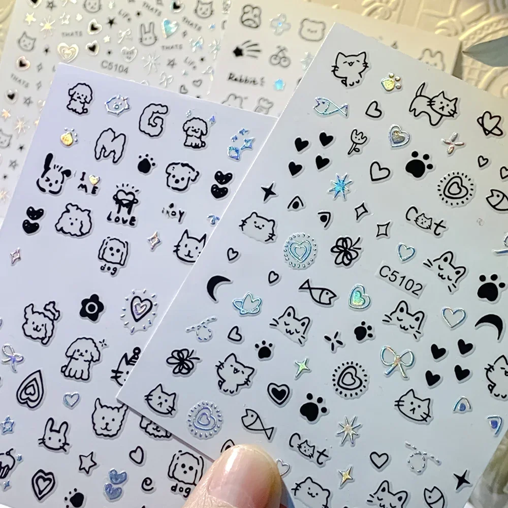Autocollants 3D argentés pour ongles, décalcomanies laser Kawaii, chat mignon, dessin animé holographique, chiot, chien, conception de graffiti, curseurs de décoration de manucure