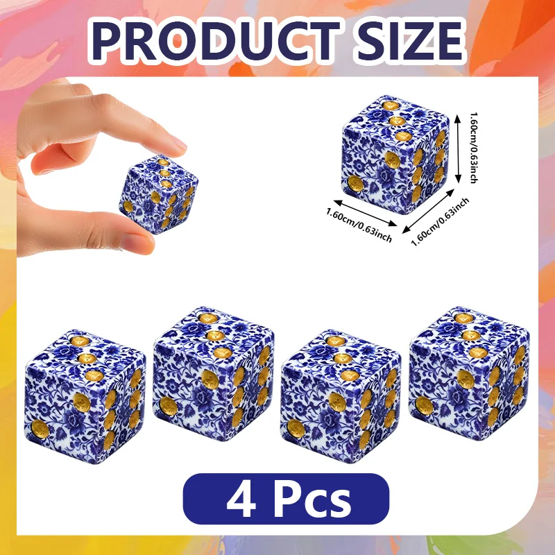 4Pcs Acrylic D6 Dice Set Printed Blue Floral Pattern for Board Games RPG Role Playing Family Game Night Collectors