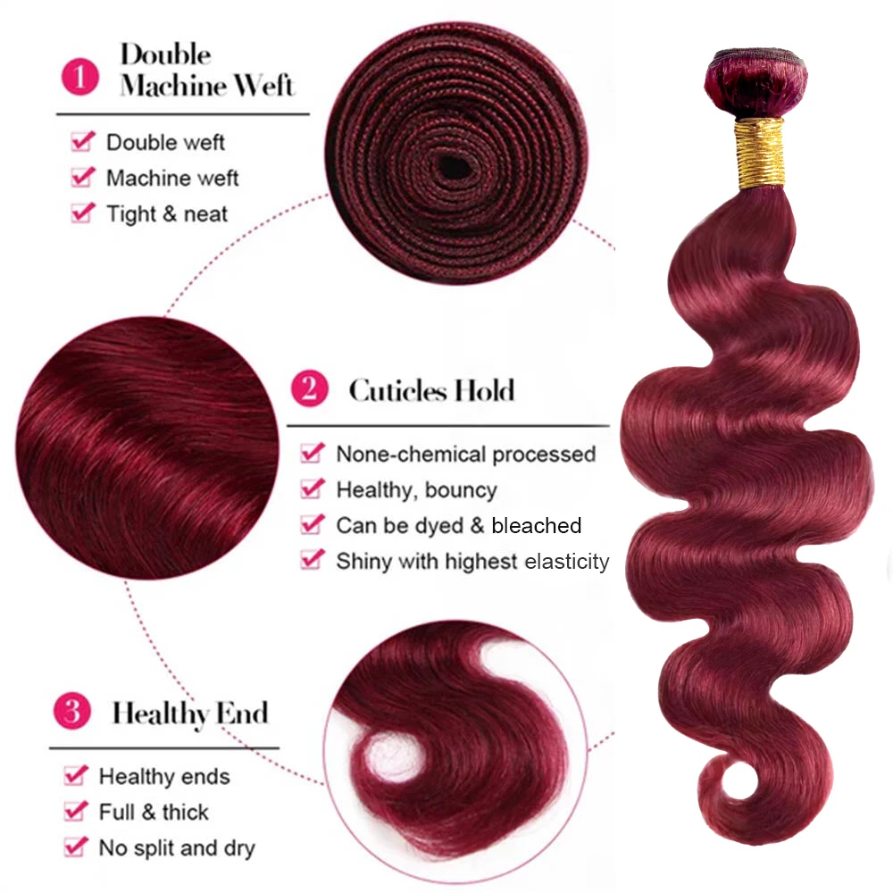 Burgundy Body Wave Bundles With Frontal 13x4 Lace 100% Human Hair Extension Bundles With Closure Colored 99J Human Hair Tissage