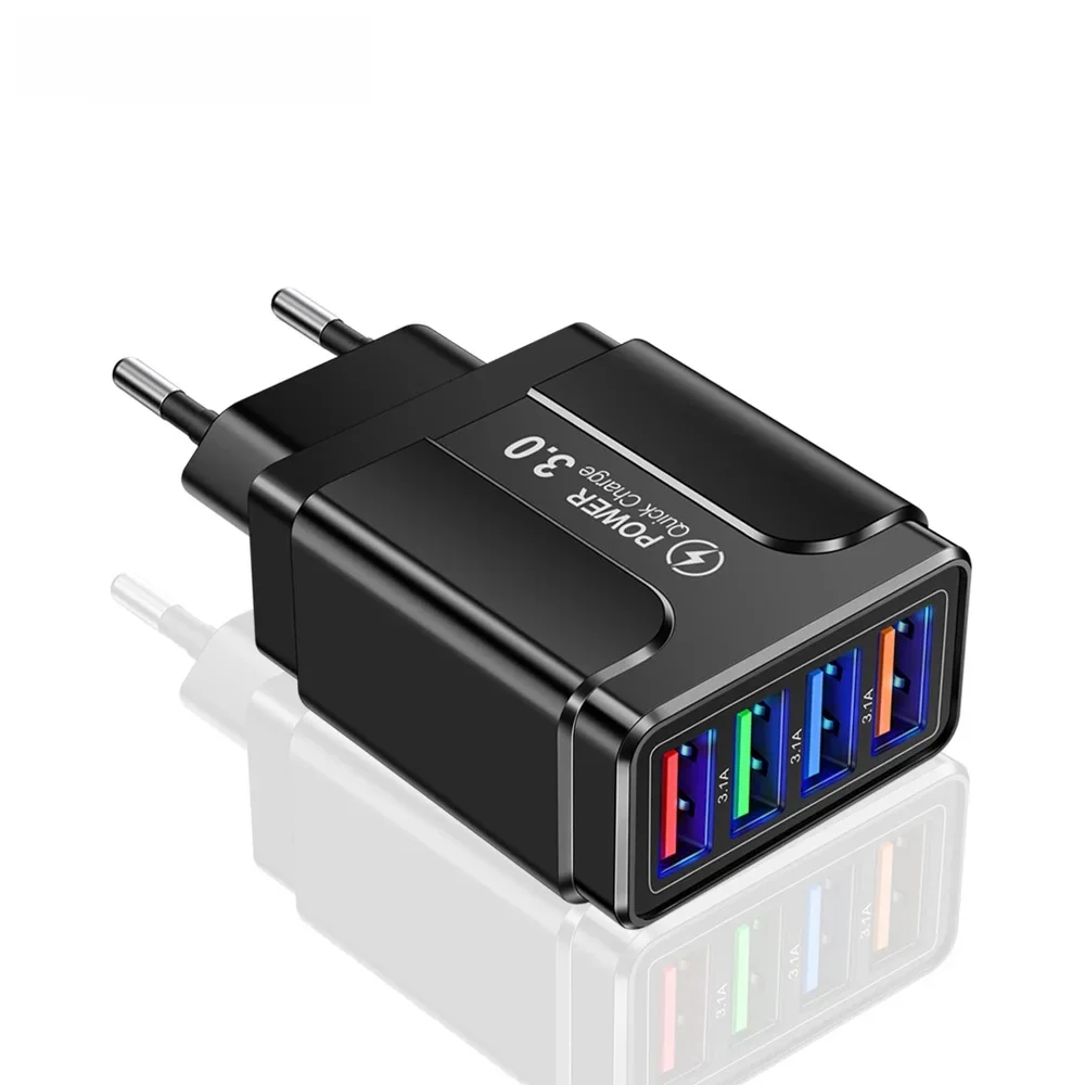 Adaptateur de chargeur rapide mural 4 Ports, Charge rapide 3.0, câble de synchronisation de données rapide Micro USB pour téléphone portable Samsung Xiaomi Huawei
