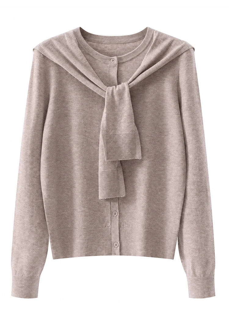 MZ62030 Damen-Strickjacke aus Kaschmir-Modal-Mischung, Langarm, Rundhalsausschnitt, Knopfverschluss, mit abnehmbarem, drapiertem Schultertuch – Detail 14