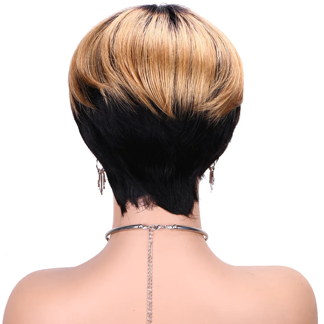Peruka z krótkim fryzura Pixie peruka z ludzkich włosów peruki proste peruki z grzywką w pełni maszynowe ludzkie włosy dla kobiet czarno-Ombre w trzech kolorach