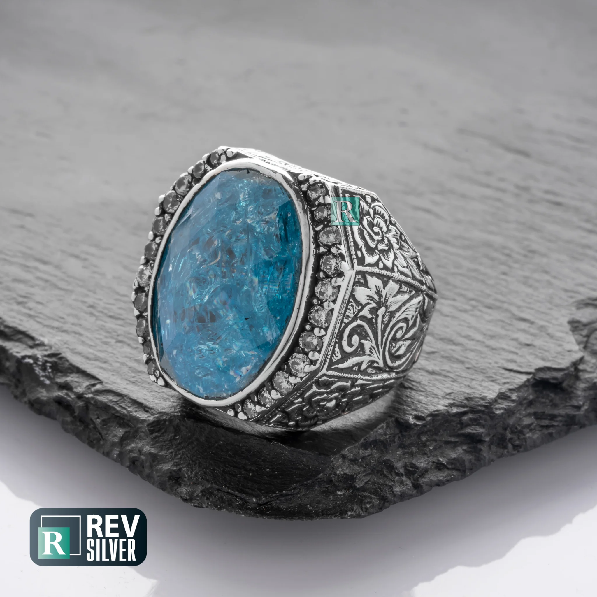 Handcrafted 925 Sterling Silver Ring with Aquamarine Gemstone Exquisite Artistry and Carving Craftsmanship Fine Jewelry Gifts