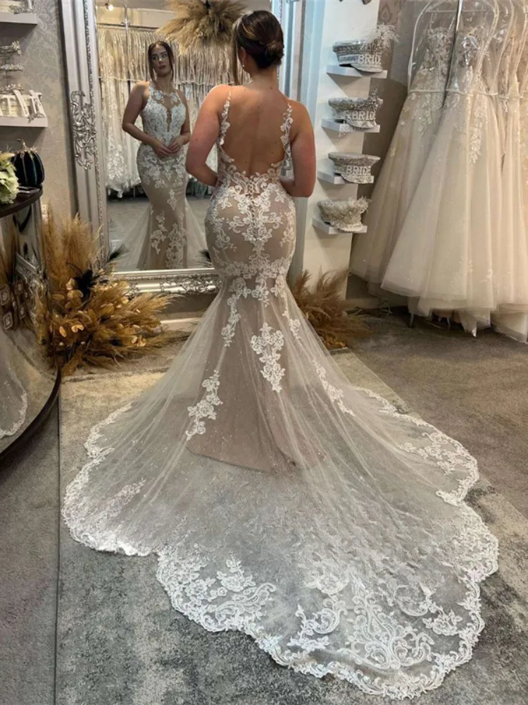 Luxury Mermaid Wedding Dresses Women Lace Spaghetti Straps Open Back O-Neck Bridal Gowns Sweep Train Vestidos De Novia