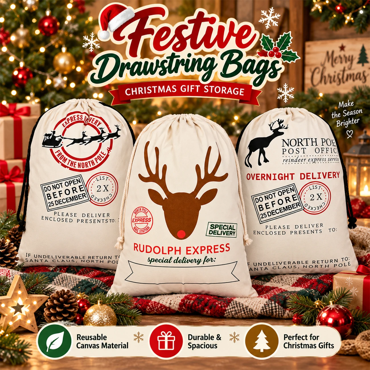1PC 49x68cm Large Christmas Santa Sack Canvas Drawstring Gift Bag Reusable Holiday Present Storage Packaging Bag