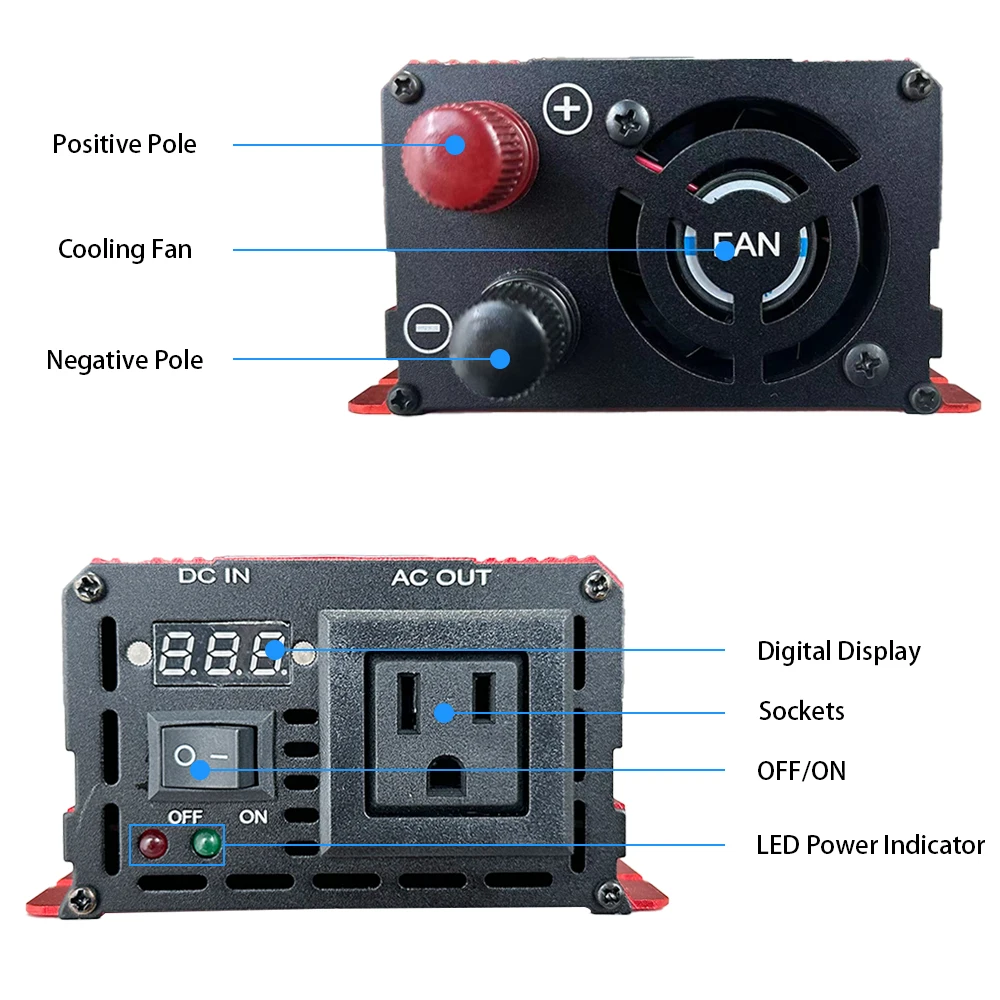 12V 24V 48V 60V zu 110V 220V 230V 1600W-2600W Spitzenleistungs-Wechselrichter-Adapter-Konverter EU-Stecker Auto-Wechselrichter