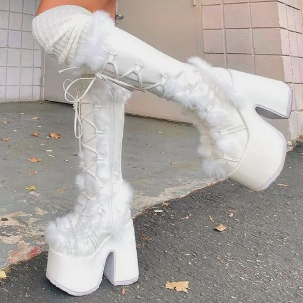 Knee High Boots For Womens Side Zipper Warm Faux Fur Platform Chunky Heel Punk Goth Walking Winter Snow Boots image 2