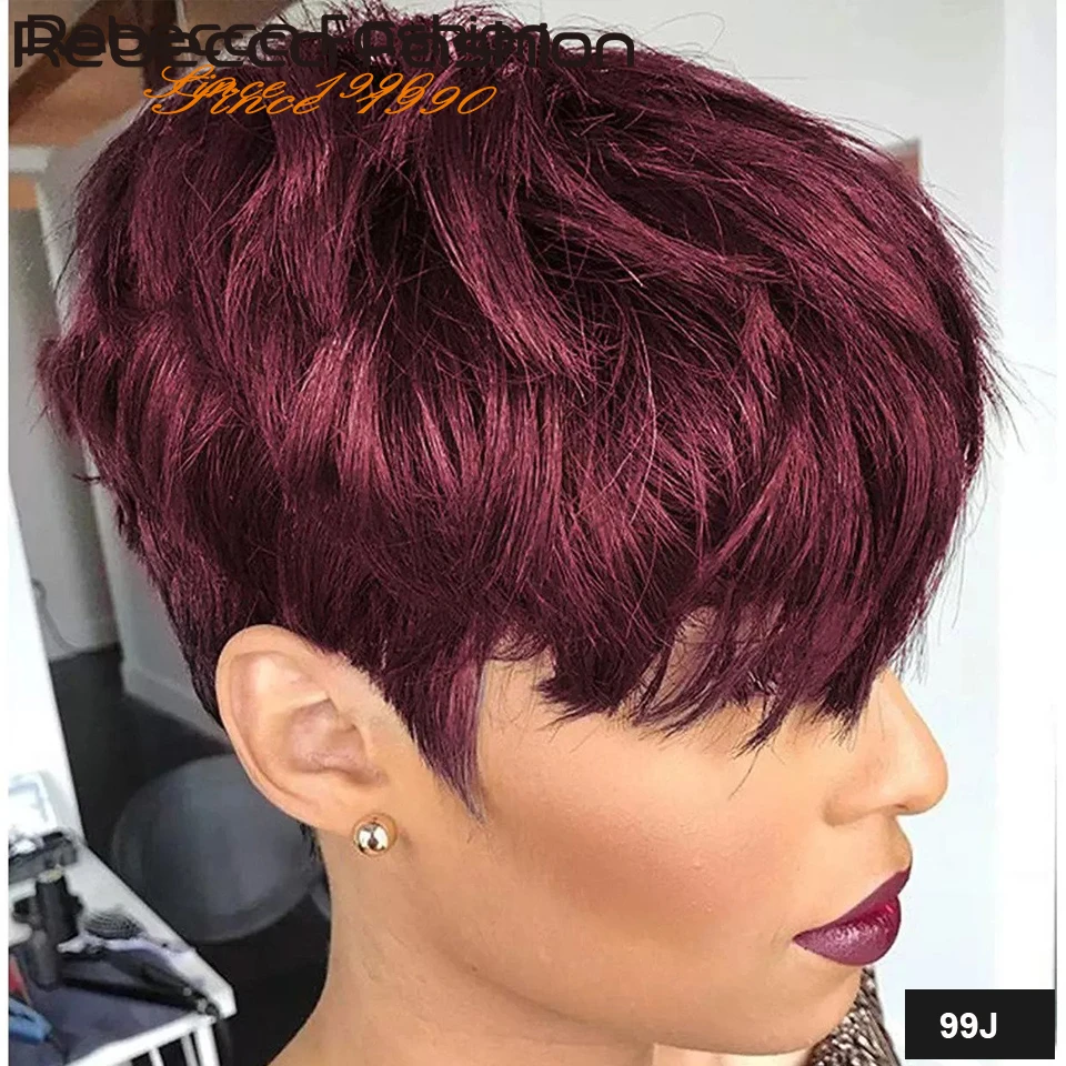 99J Colored Short Straight Bob Pixie Human Hair Wig With Bangs Fringe For Women Brazilian Remy Hair Burgundy Red Bob Wigs