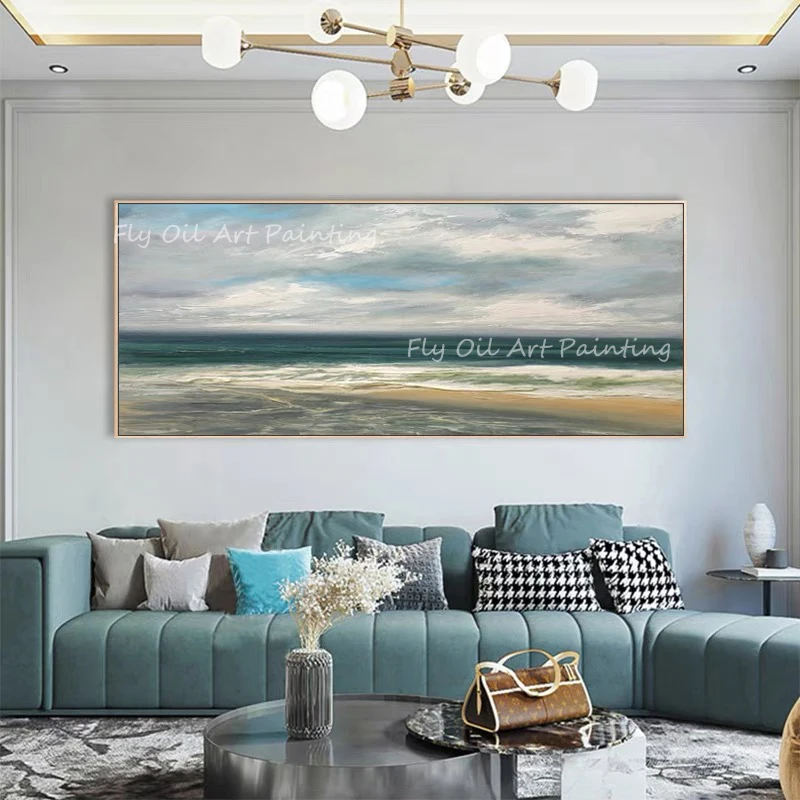 

100% Hand Painted high quality simple pure landscape nordic ocean seaside oil painting for home decoration as a gift