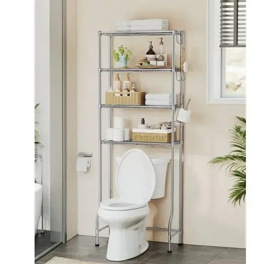 SONGMICS Badregal Badezimmerregal, 4-stöckiges Toilettenregal, verstellbare Ablagen Toilettenpapierhalter