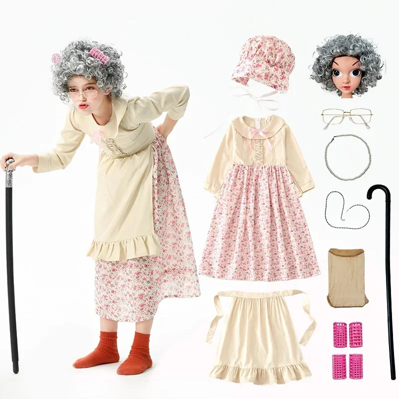 Kinderen Kleine Oma Kostuum Oude Dame Oma 100 Dagen School Kind Meisjes Jurk Halloween Kostuum Deguisements Party Disfraz - afbeelding 2