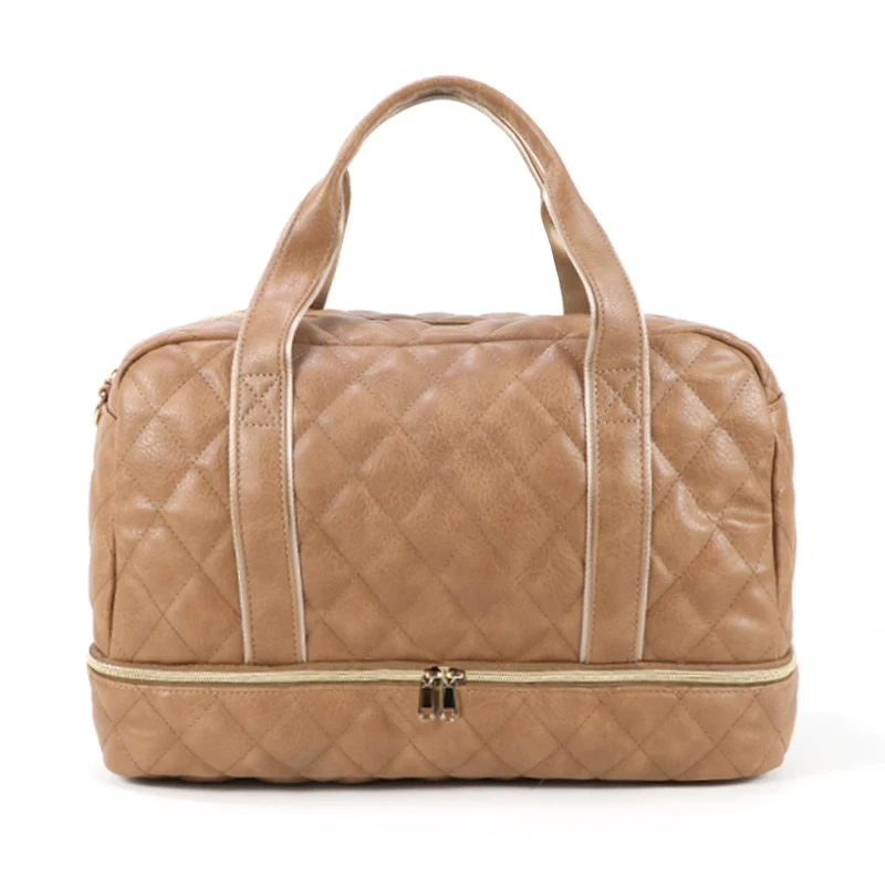 

Gorfia Quilted PU Leather Handbag Beige Diamond Pattern Duffel Top Handle Travel Tote Stylish Weekender for Women Roomy Durable