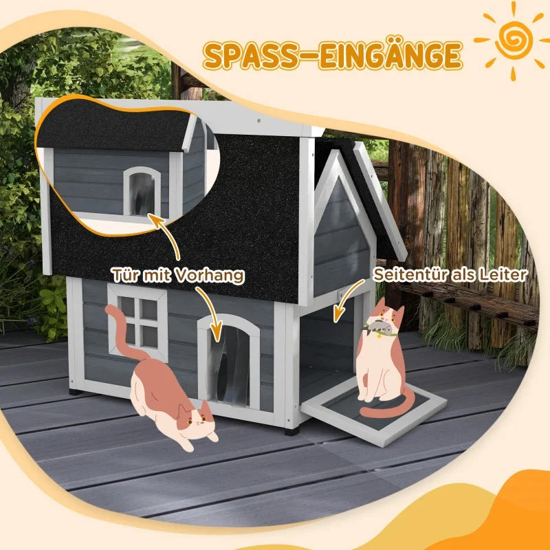 Maison pour chat en bois imperméable avec toit en asphalte, résistante aux intempéries, avec fenêtre et 3 portes, grande cabane pour animaux de compagnie, 77x57,5x68 cm, gris
