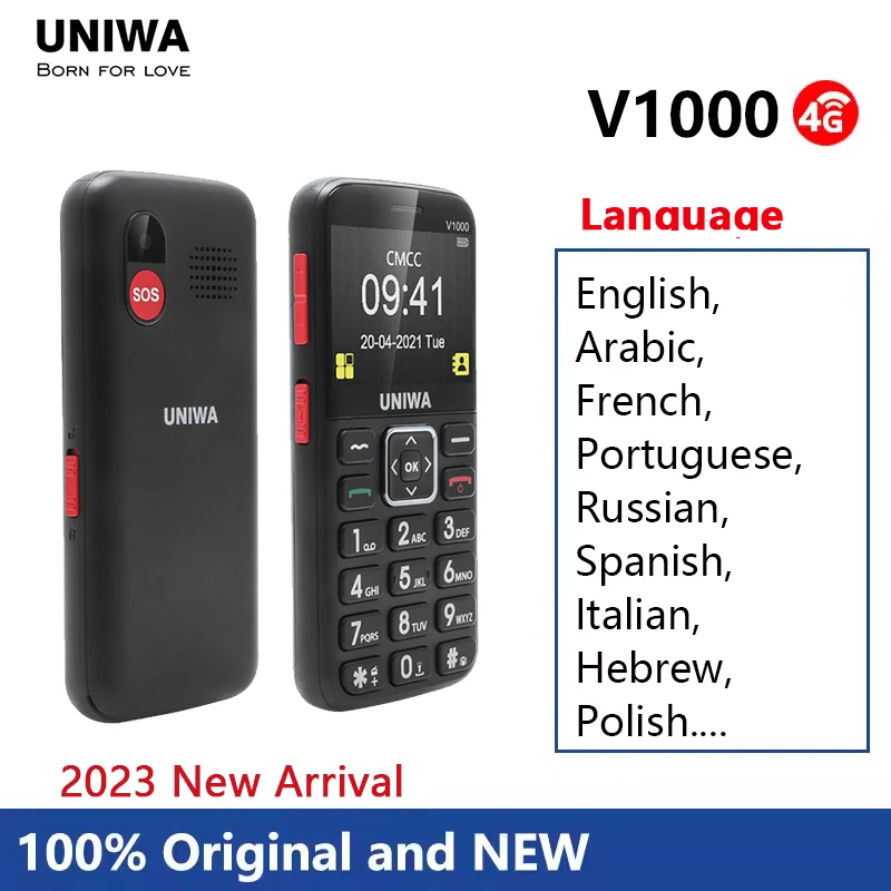 UNIWA V1000 4G Feature Phone Big Fonts Big Button For Elderly 1700mAh 0.3MP Camera Flashlight Mobile Phone Russian Keypad SOS