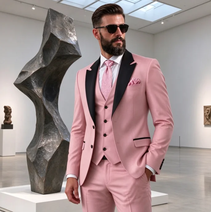 Men Pink 3 Piece Suit Set Black Piping Lapel Tuxedo Jacket Vest Pants Wedding Groom Formal Suit Customizable No Extra Fee