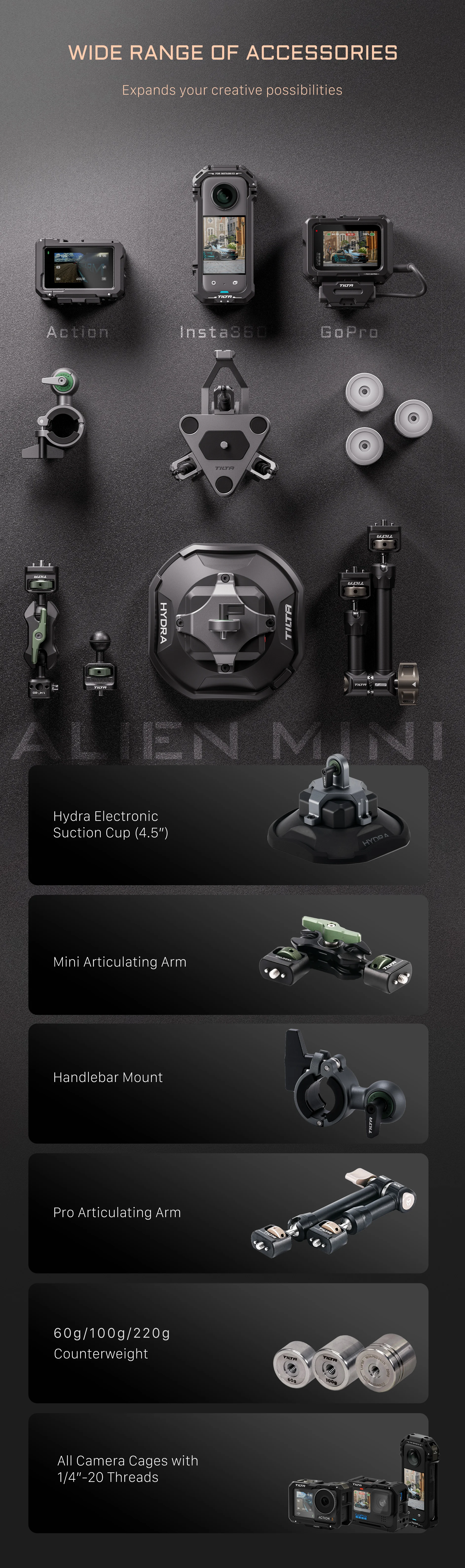 TILTA Hydra Alien Mini Biking mit universellem stoßdämpfendem Kopf für Pocket3/Pocket4pro/Go Pro10/11/12/Action4/5pro/Insta360 X3/4 – Detail 11