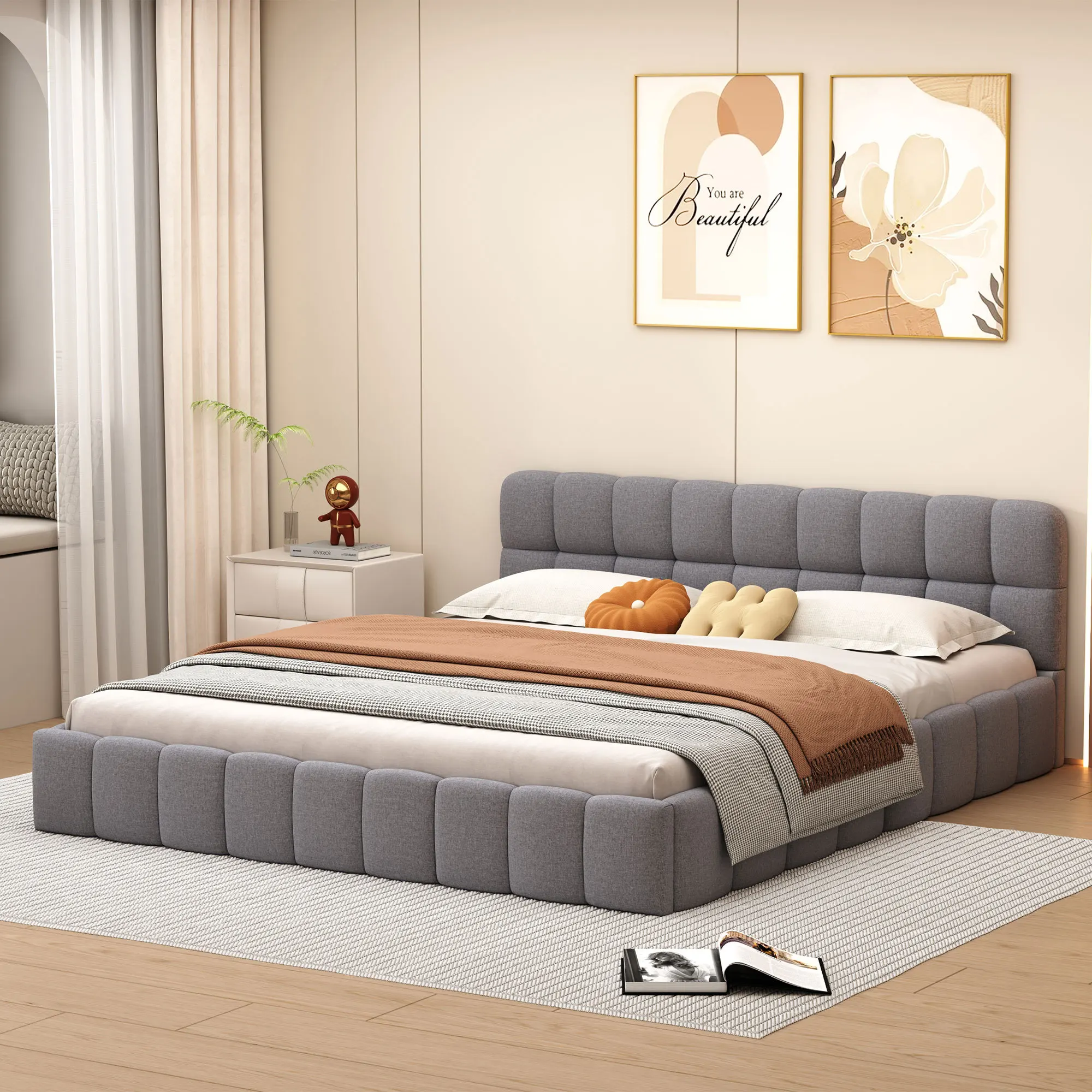 Anajqaqia Lit à bulles 140×200 cm, lit double rembourré avec matelas intégré, tête de lit rembourrée douce, tissu en lin gris, meubles de chambre à coucher
