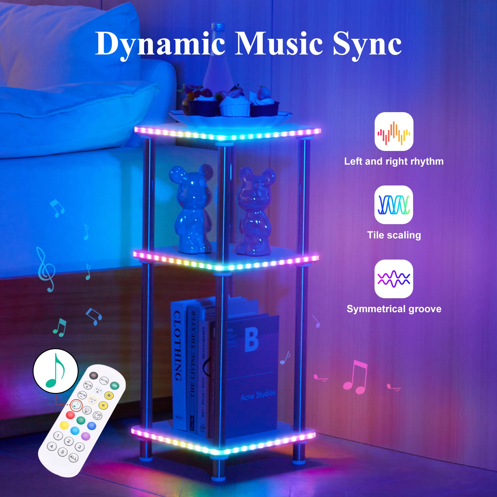 Corner Shelf with Light RGB Lights with Music Sync and Remote Control Floor Lamp with Shelf for Living Room Rectangle 3 Tier