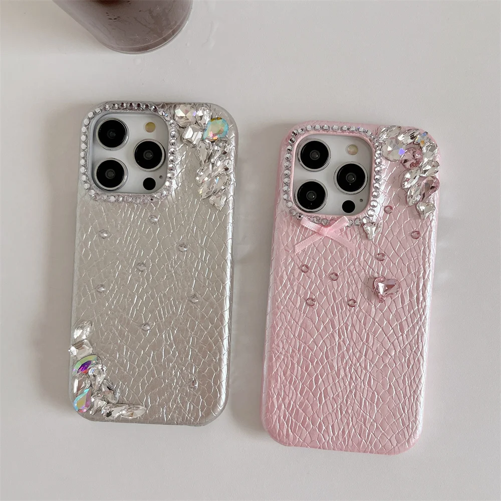 

Luxury Flash drill Gem leather stylish phone case for iPhone 13 14 15 16 17 Pro Max 15 plus 17 Air cover Korean INS cute Fundas