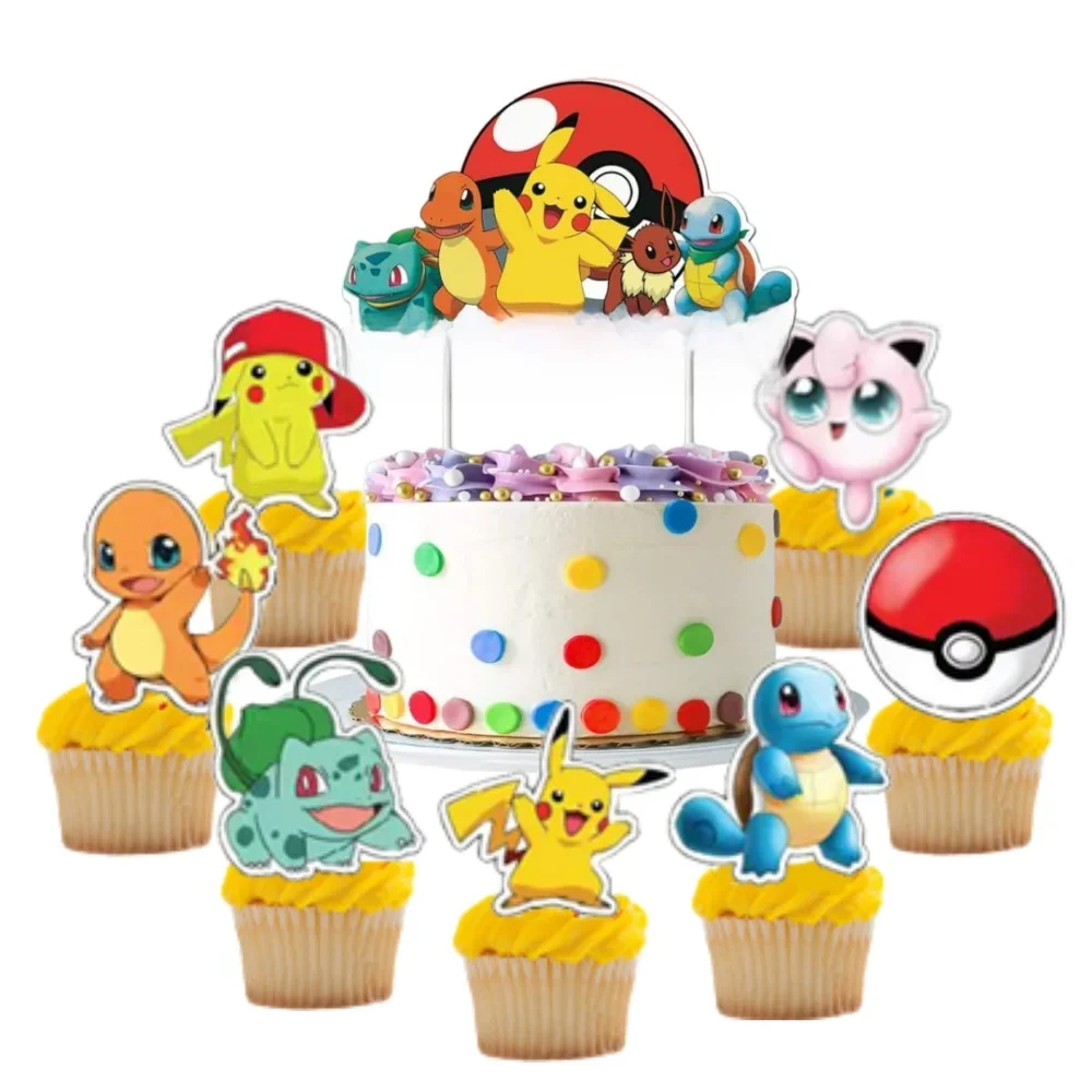Décoration de gâteau joyeux anniversaire Pokemon, décoration de Cupcake Pikachu de dessin animé pour enfants, décorations de drapeau de gâteau de fête d'anniversaire, réception-cadeau pour bébé