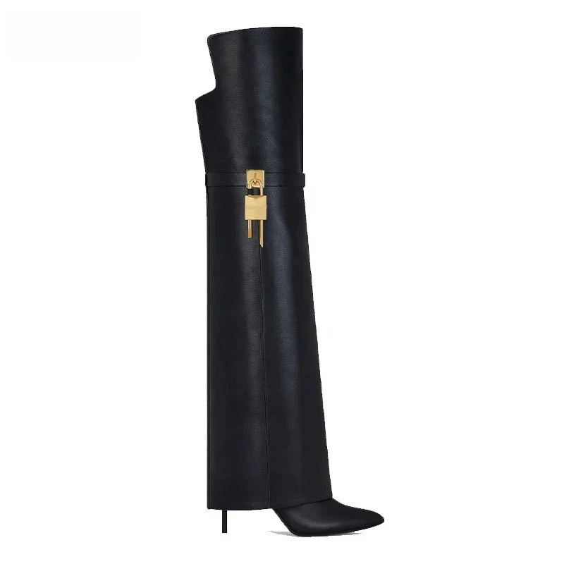 Gmqm Mode Frauen über Knie Stiefel spitzen Zehen Stiletto lange Stiefel Designer Damen High Heels schwarz Reiß verschluss Hai Lock Fold Stiefel
