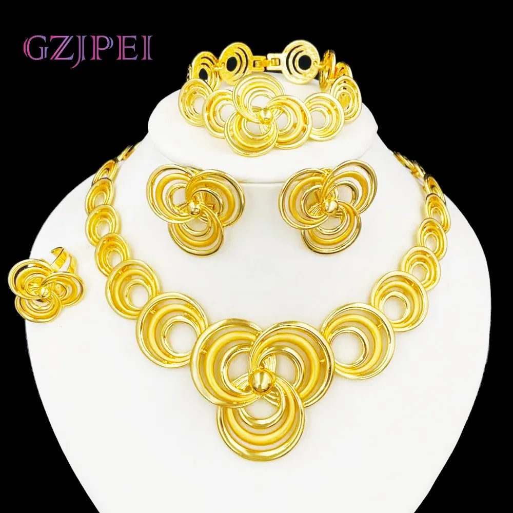 

GZJPEI 4Pcs Women Jewelry Set Fashion Statement Gold Color Necklace On The Neck Design Jewellery Dubai Brazil Wedding Gifts