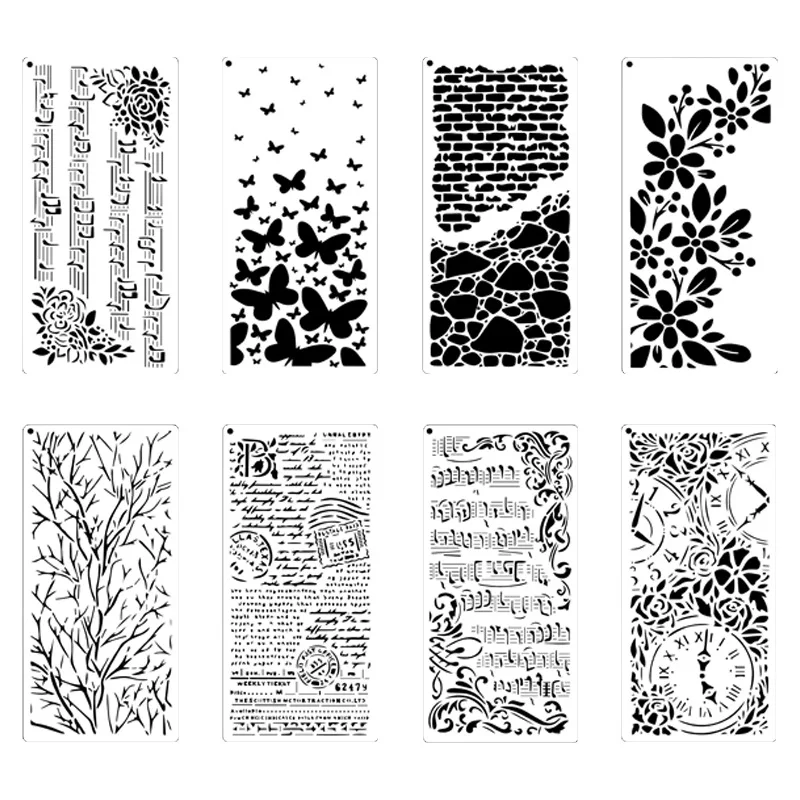 8 قطعة 5.9x11.8 بوصة اللوحة مجموعة الاستنسل فراشة زهرة الموسيقى ملاحظة ساعة جدار الطوب فرع قالب قابلة لإعادة الاستخدام DIY بها بنفسك جدار الفن فو