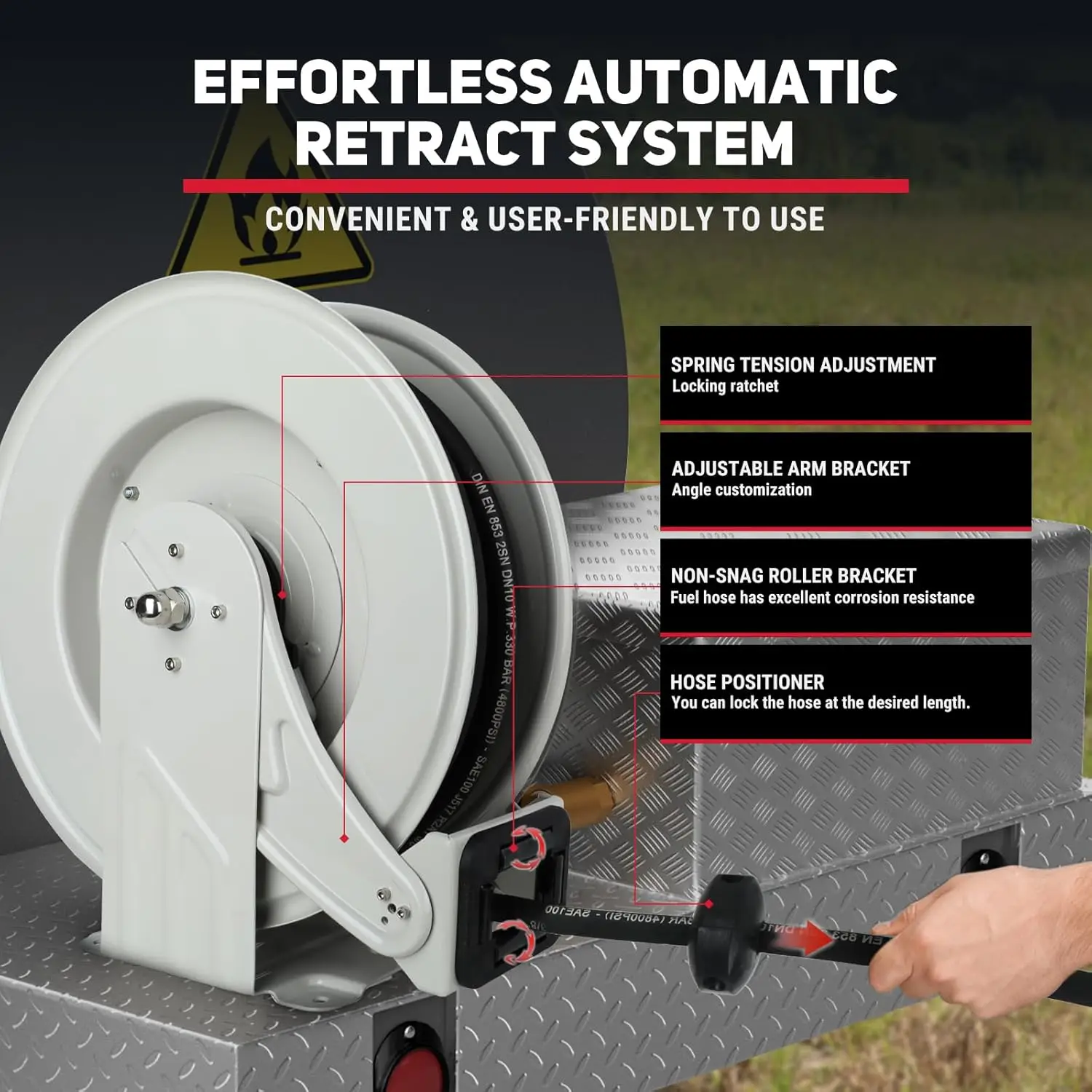 3/8 inch x 50 ft Oil Hose Reel Retractable Hose W P 330 BAR Max 4800 PSI Adjustable Support Arm and Pipe Gripper Spring Driven Steel Construction Heavy Duty Industrial Hose Reel for Butter Oil