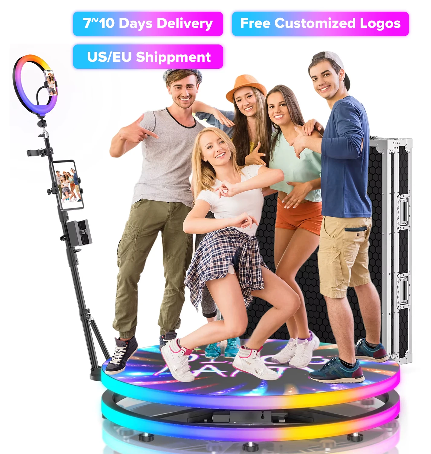 

Rotating 360 Video Photo Booth Machine For Parties Events With Flight Case Free Customize Logo RGB Ring Light App/Remote Control