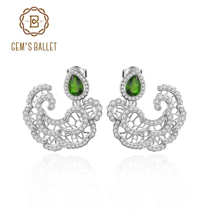 GEM'S BALLET Fan Flower Luxury Gemstone Earrings 925 Sterling Silver Chrome Diopside Bridal Wedding Earrings Gift for Her