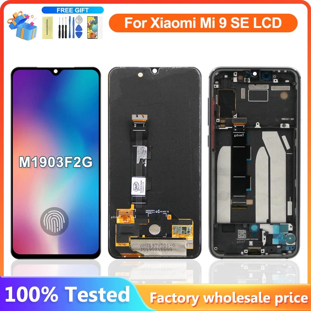 

5,97-дюймовый дисплей для Xiaomi Mi 9 SE, ЖК-дисплей с цифровым преобразователем сенсорного экрана в сборе с заменой рамки и отпечатком пальца, 10 касаний