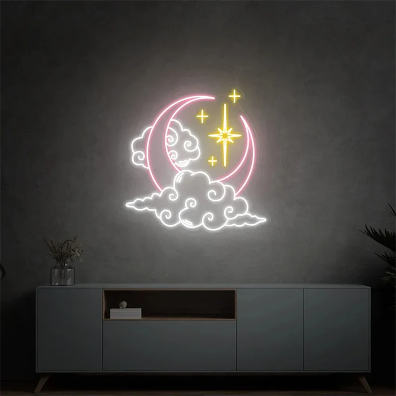 Custom Handmade Art Neon Light, Lua Nuvem e Estrela Neon Sign, White Vibes for Wall Decor, personalizado LED neon Light