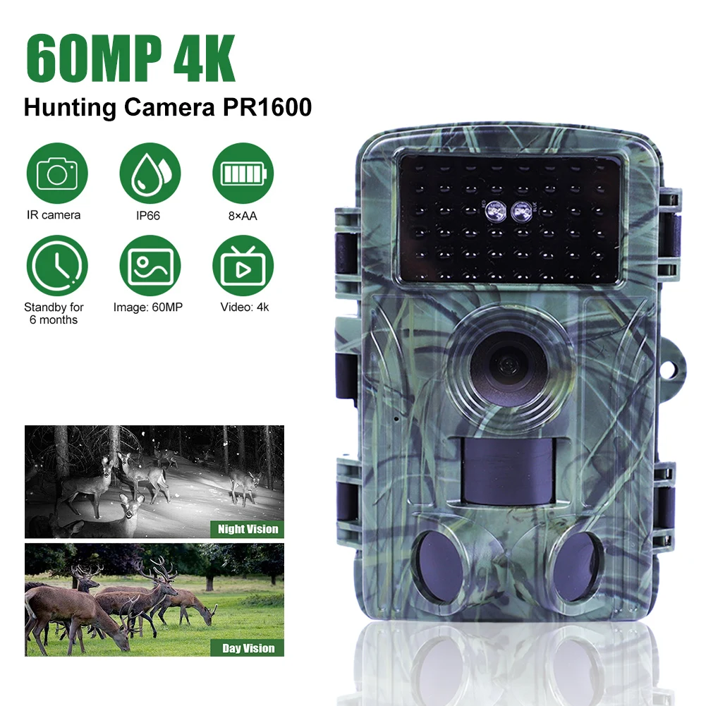 Outdoor Hunting Trail Camera 60MP 4K Infrared Night Vision Motion Activated Security Cam Waterproof Wildlife Photo Traps