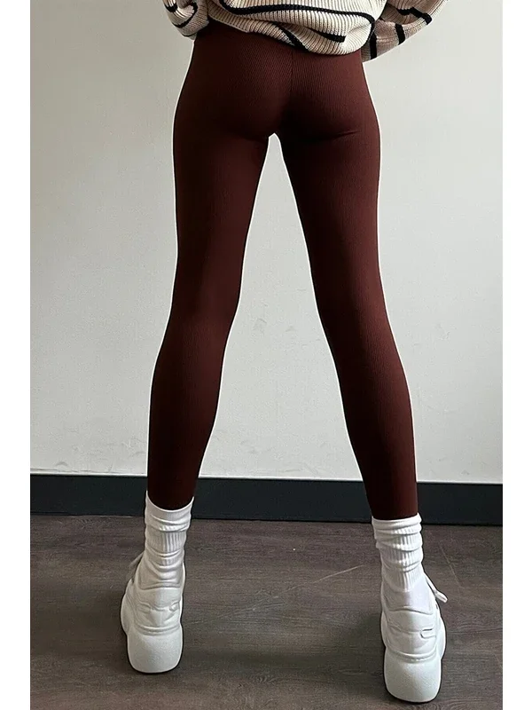 Women\'s Beige High Waist Seamless Ribbed Leggings