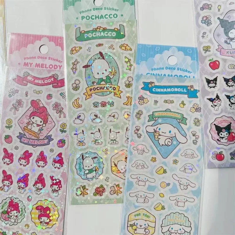 1/7PCS Cute Cartoon Laser Stickers Hello Kitty My Melody Pochacco Cinnamoroll Kuromi Adhesive Diary Scrapbook Phone Decoration