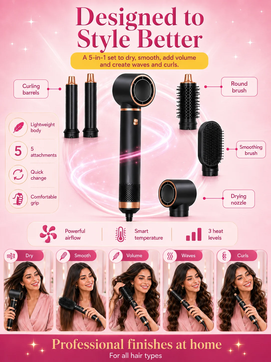 Hair Dryer 5 in 1 Electric Comb Negative Ion Straightener Comb Curling Iron Detachable Multifunctional Heating Brush Hair Dryer