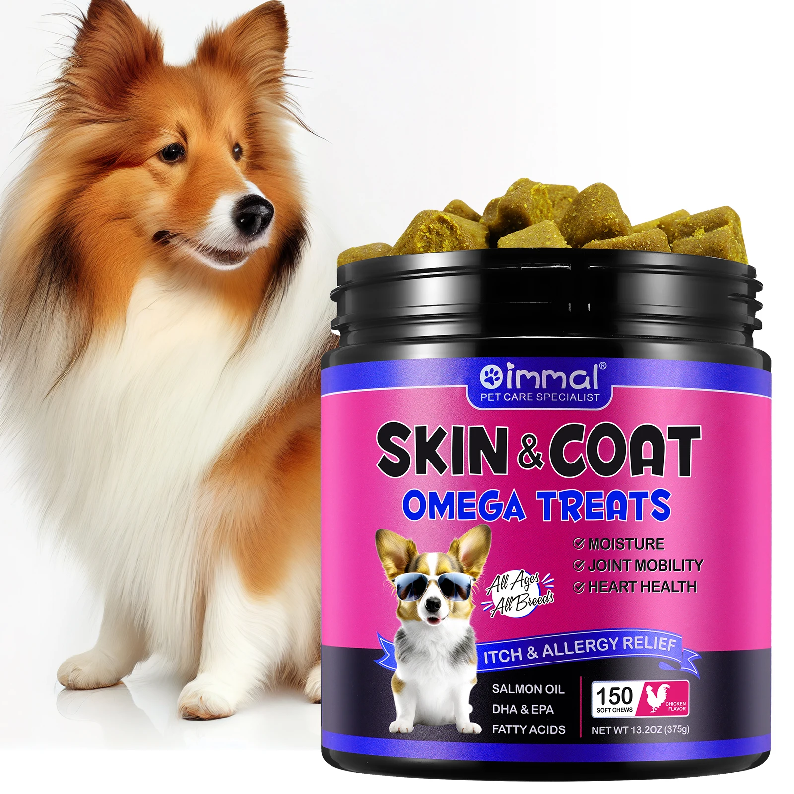 Skin & Coat Omega 3 Treats for Dogs Shedding Skin Allergy Itch Relief Hot Spots Treatment Joint Health Supplement Chicken Flavor