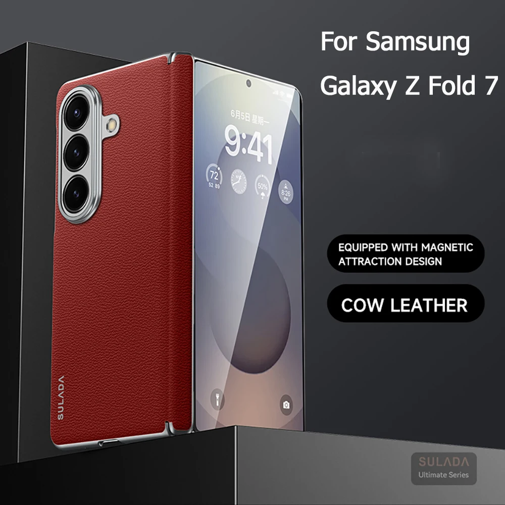 

For Samsung Galaxy Z Fold 7 Case Fully Wrapped Automatic Rebound Hinge Genuine Leather Shell Magnetic Cowhide Protective Cover