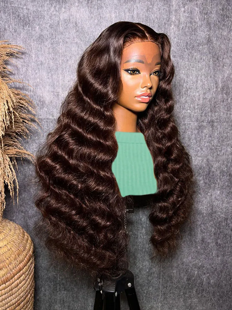 

Шоколадно-коричневый объемная волна HD 13x6 парики фронта шнурка человеческие волосы прозрачные предварительно выщипанные необработанные цвета Реми # 2 Фронтальный парик шнурка 13x4