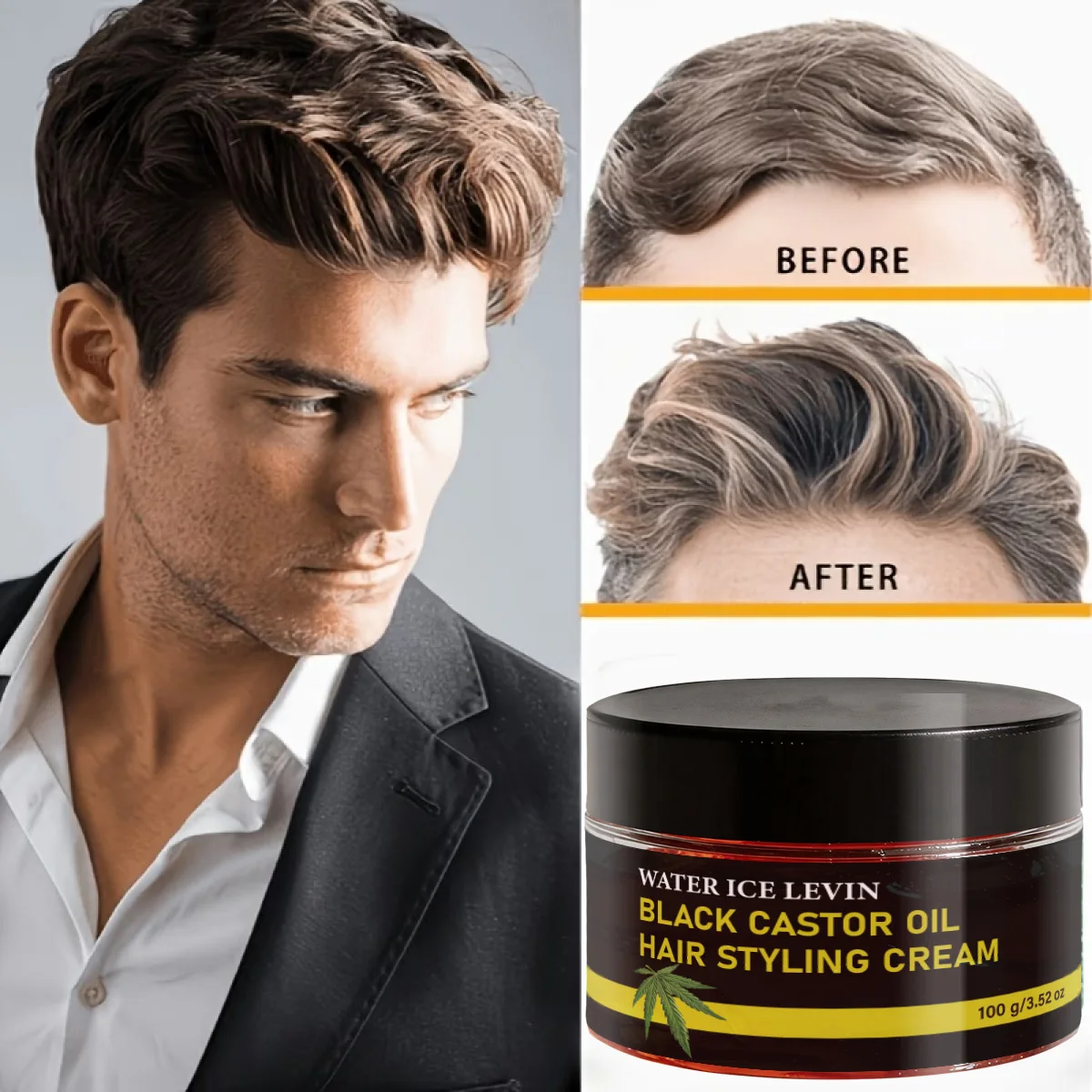 Water Ice Levin Black Castor Oil Hair Styling Cream 100g Men Hair Pomade Long Lasting Hold Natural Hairstyle Hair Care