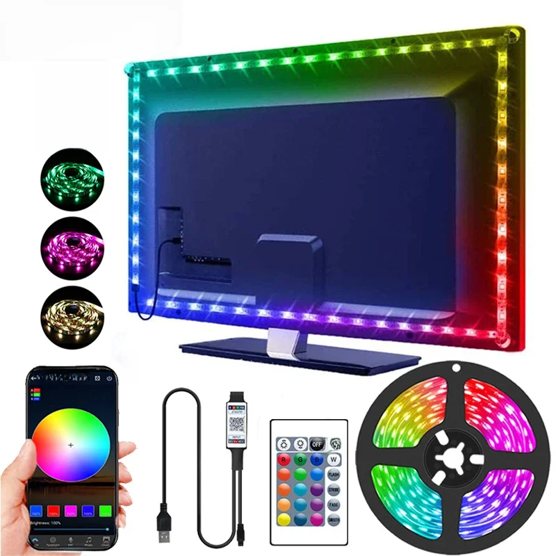 Bande lumineuse LED intelligente pour TV, éclairage de chambre à coucher, Bluetooth, USB, bande LED RGB 5V, adhésive, ruban LED 5050, décoration murale de chambre