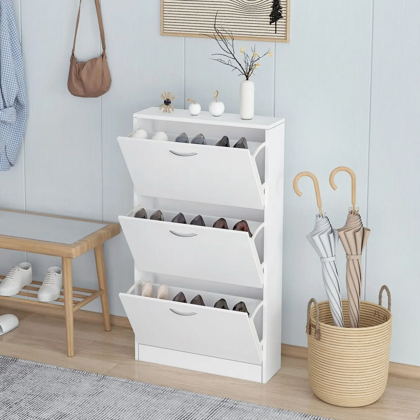 Shoe Cabinet for Entryway White Narrow Shoe Storage Cabinet Flip Down Shoe Rack Wood 3 Tier Shoe Organizer for Home & Apartment