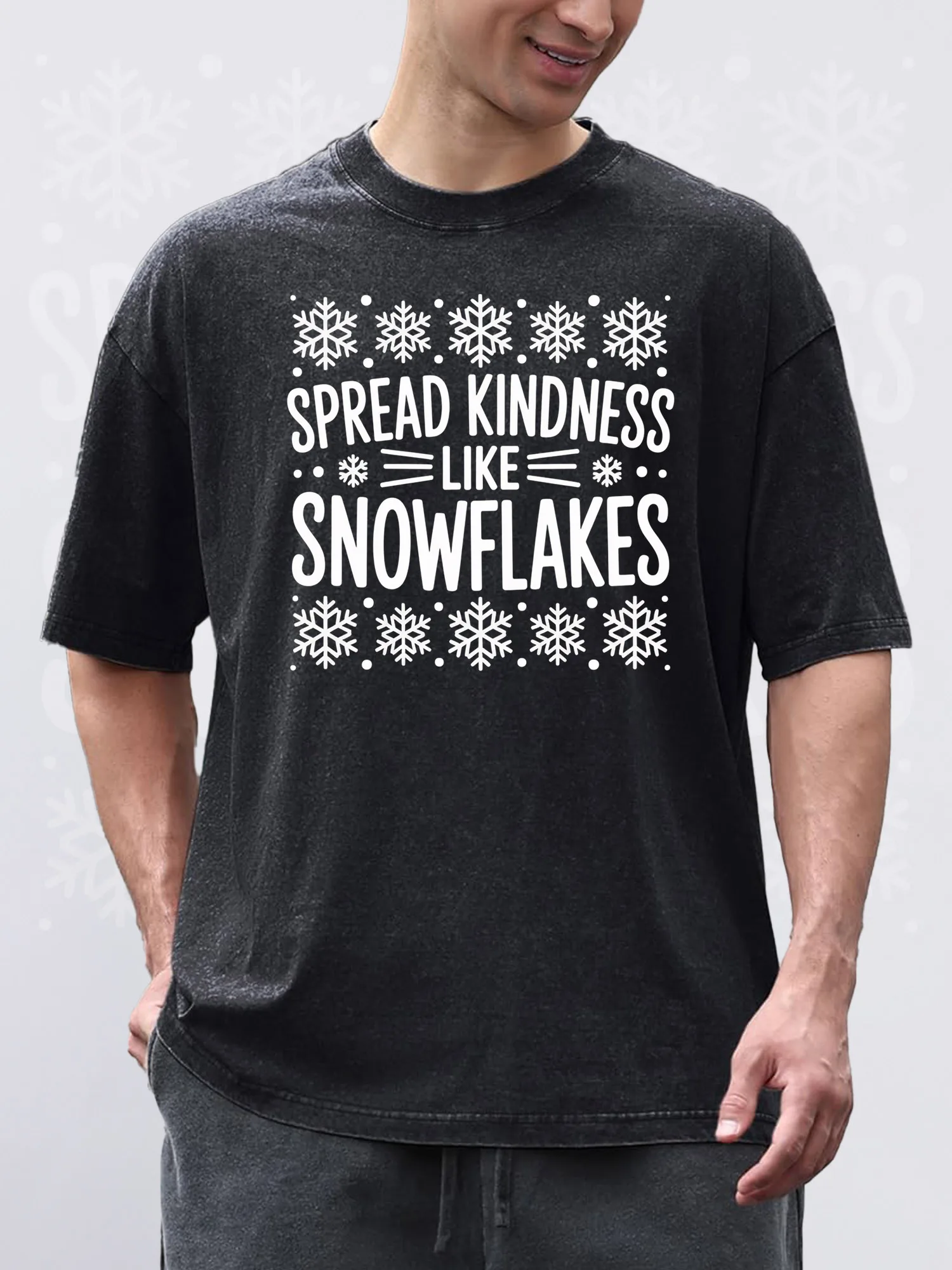 

Men's T-Shirts Christmas Snowflakes Printed Black Short-Sleeved Round Neck 100% Pure Cotton Acid Wash Suitable For Christmas