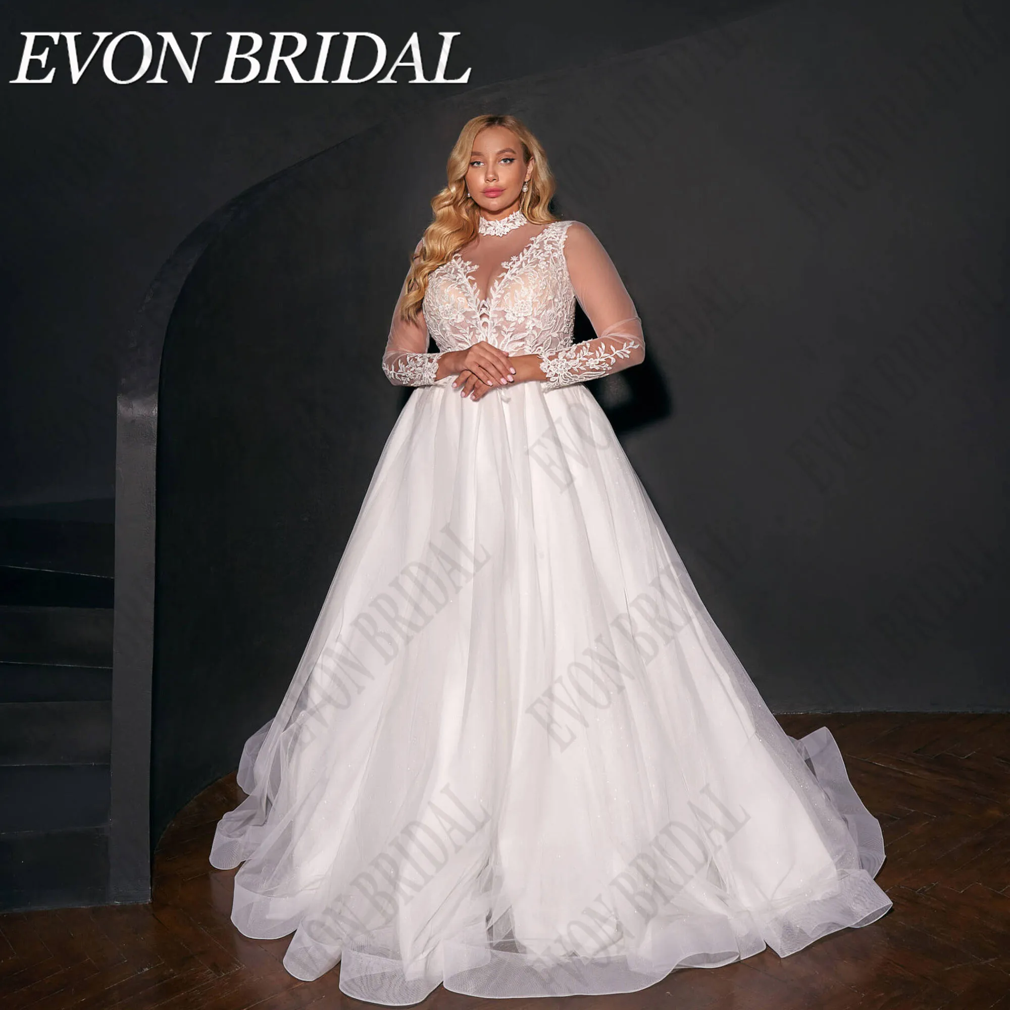 

EVON BRIDAL Customized Plus Size Bride Gown High Neck Long Sleeves Applique Sweep Train Soft Tulle A Line Wedding Dresses 2025