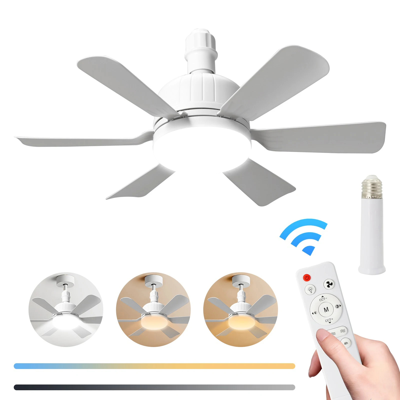 Ventilateur de plafond avec lumière E27, télécommande 40W, 3 vitesses et 3 CCT (3000-6500K) avec tige d'extension de 120 mm pour chambre à coucher et salon