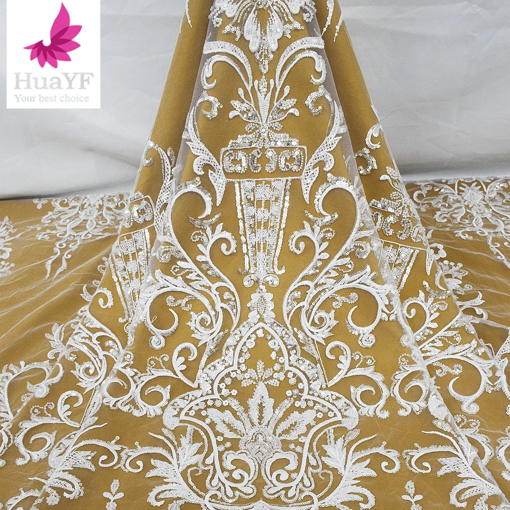 Hot Sale French White Bridal Lace Fabric with Sequins and Beading For Women Wedding Dress HY2208