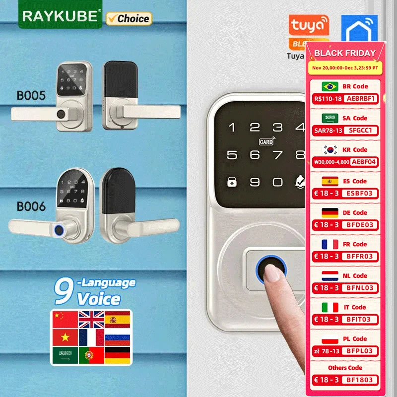 RAYKUBE Tuya BLE Intelligent Fingerprint Electronic Deadbolt With 9-Language Voice  Doorbell  APP Control Unlock B005/B006