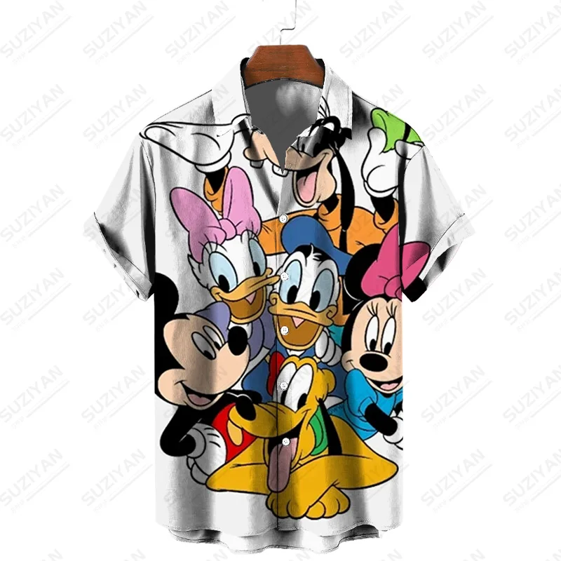 Verão nova disney mickey e minnie impressão dos desenhos animados chinês lapela camisa de manga curta casual doce estilo rua