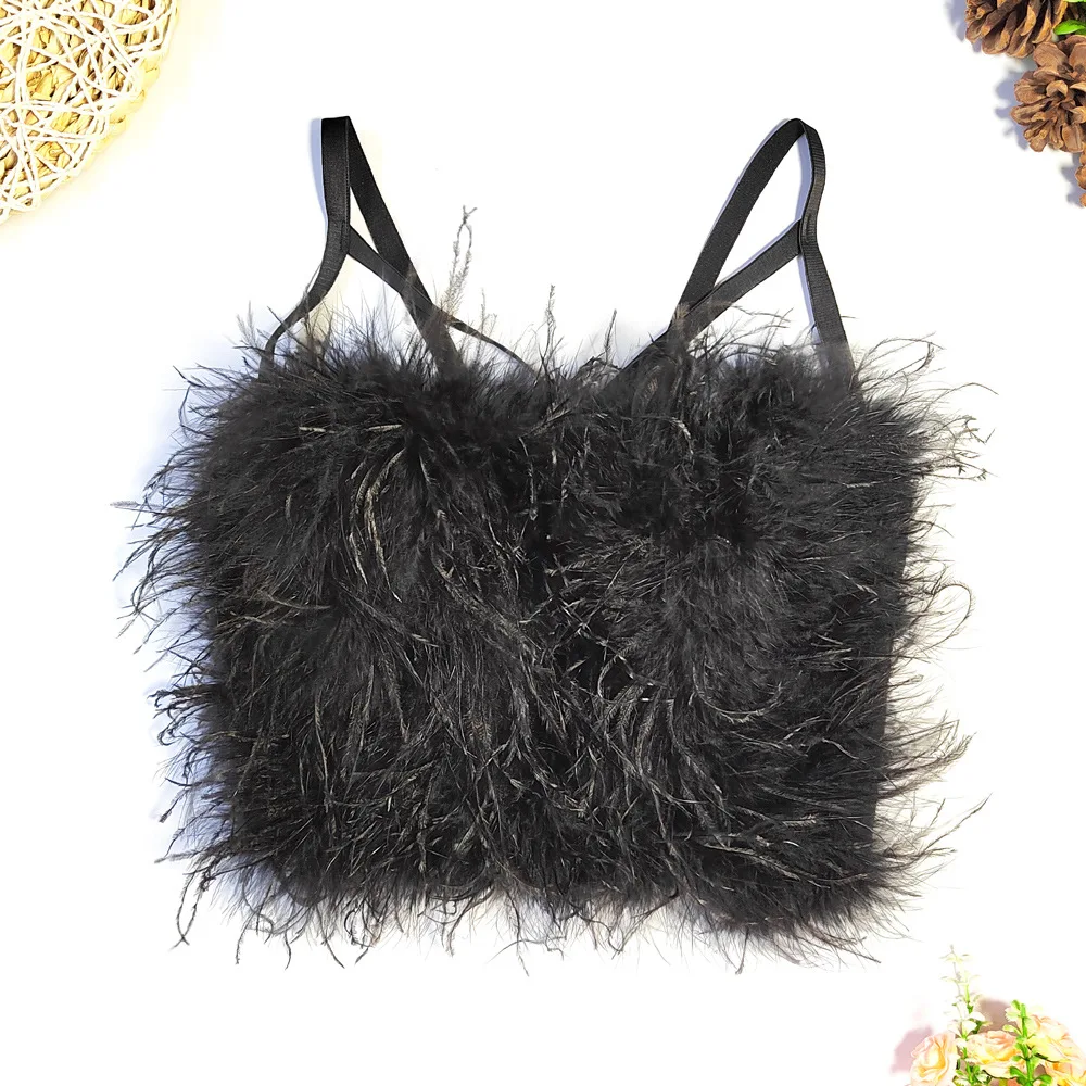 Ostrich Feather Corsets For pu bra Women Sexy Crop Top Clothes Ladies Short Fur Coats 2022 Fashion Women Clothing Open back vest